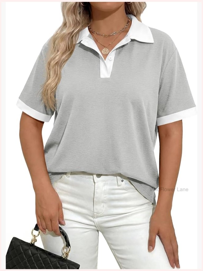 Plus Size Color Block Polo Top Short Sleeve Loose Fit Tunic Tee